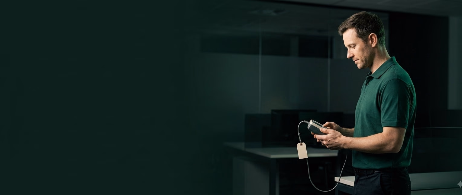 PlanetSafe technician testing a tagged appliance at an office desk