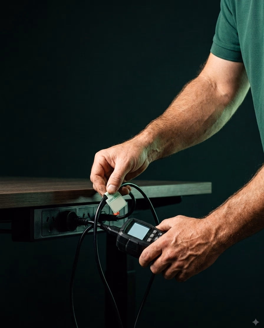 PlanetSafe technician testing a tagged power board beneath an office desk